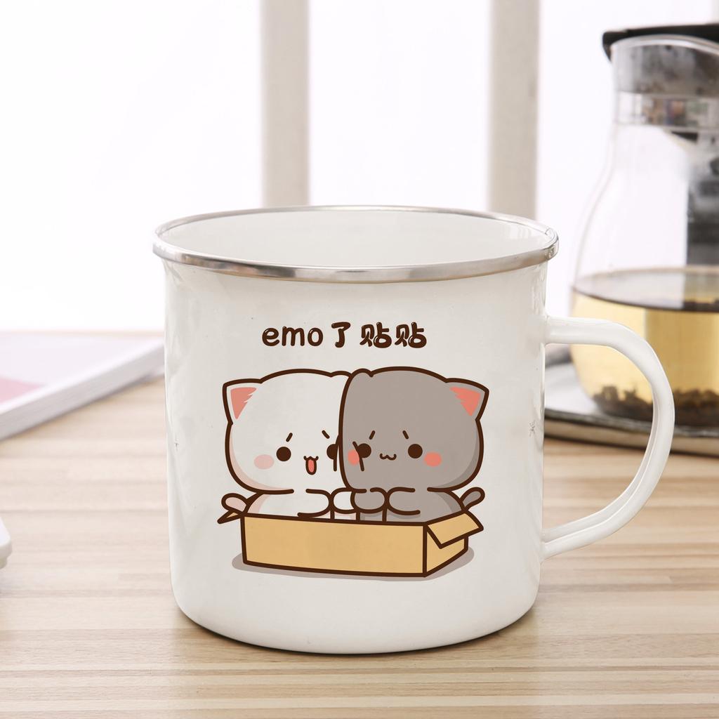 New Peach and Goma Cat Enamel Coffee Tea Cup Cute Animal Breakfast Dessert Milk Water Cup Couple Gift Original Breakfast Cups
