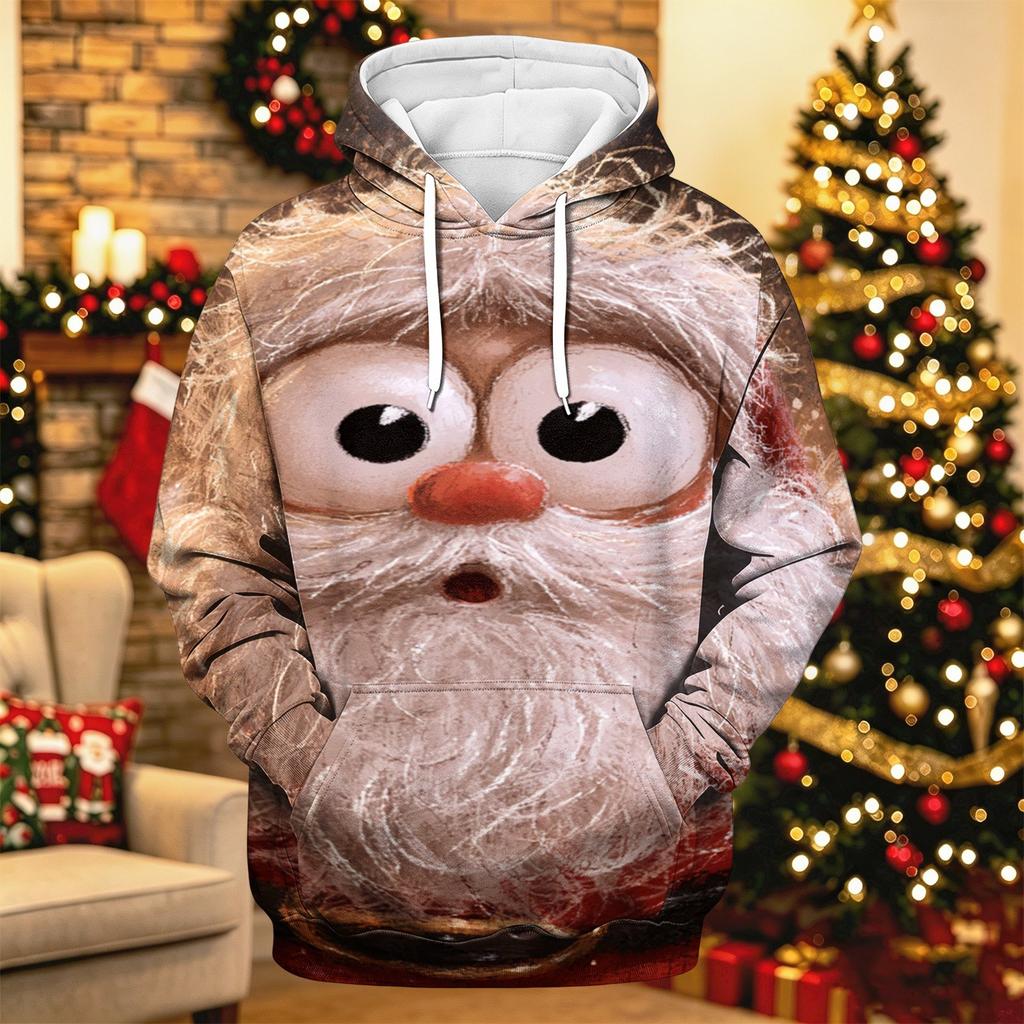 Men's Long Sleeve Hooded Sweatshirt with Christmas Print for Holiday Casual Wear