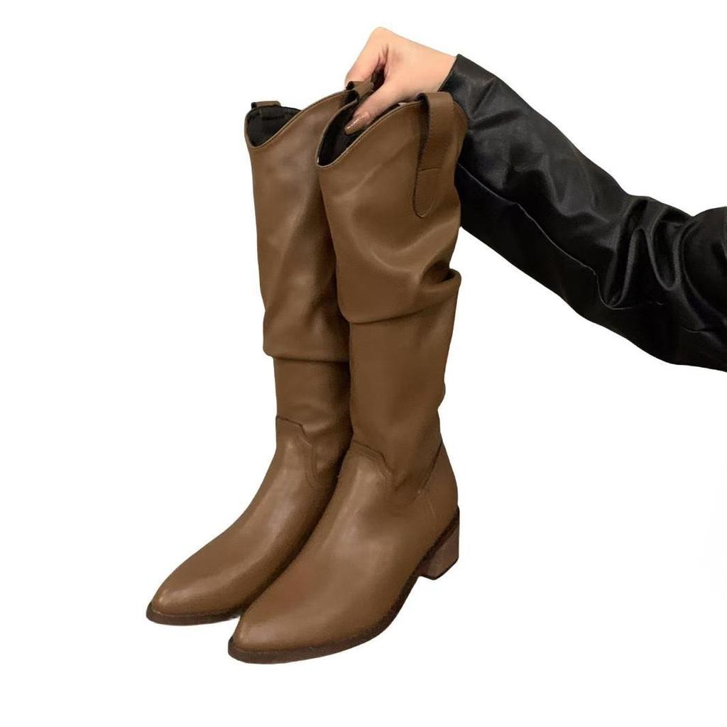 Botas largas marrones de punto V-neck de pelo de longitud media para mujer 2025 otoño con punta botas de cowboy western