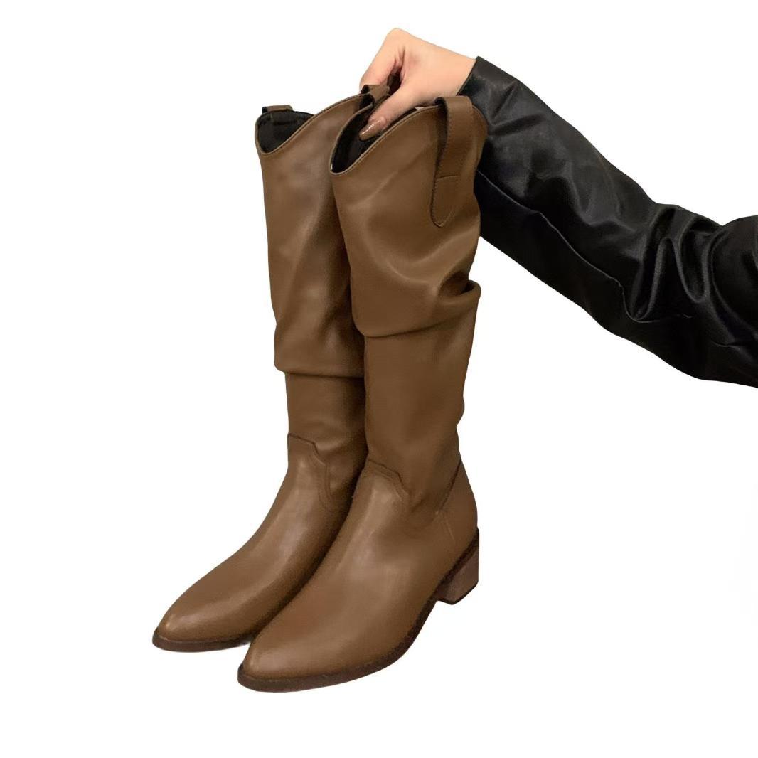 Long boots brown V-neck pile pile middle tube long boots women s shoes 2025 autumn pointed western cowboy boots 40 коричневый 4590₽