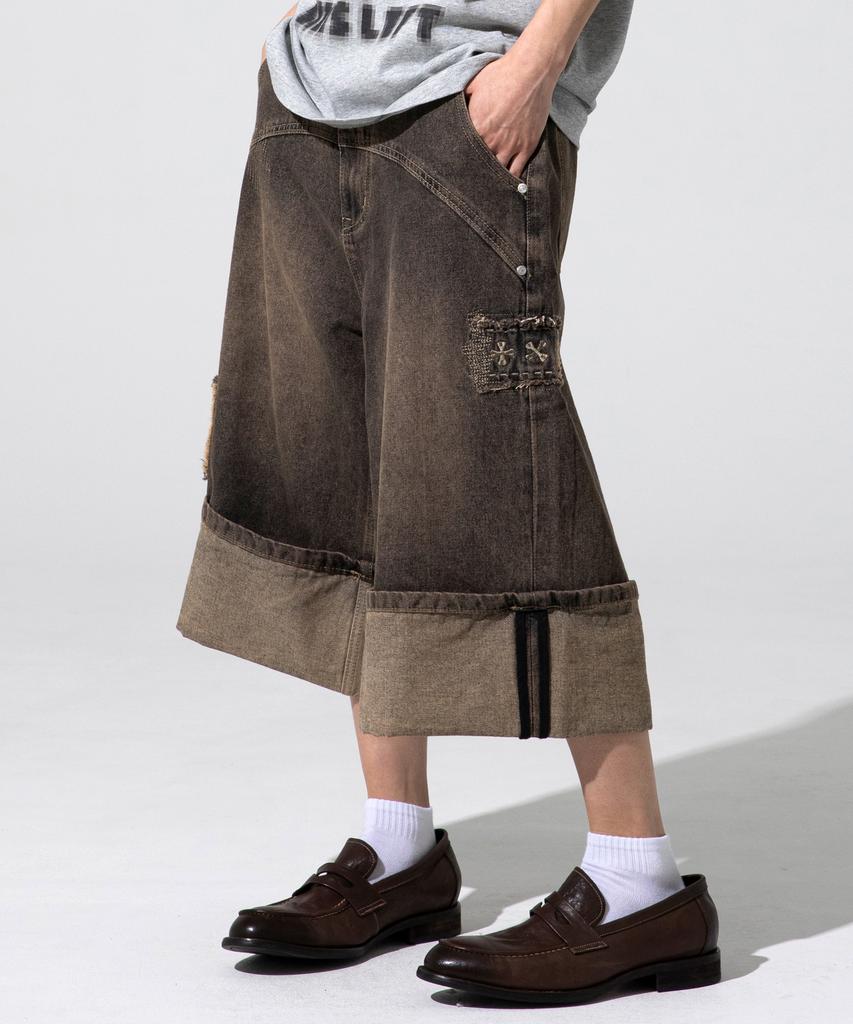 XTONZ Xp284 Boro Patchwork Bermuda Denim Pants (Brown)