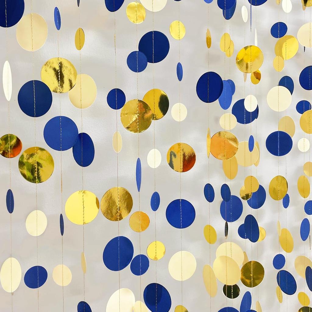 46 Ft Navy Blue and Gold Circle Dots Garland Royal Blue Hanging Paper Polka Dot Streamer for Birthday Wedding Bridal Baby Shower Graduations Nautical