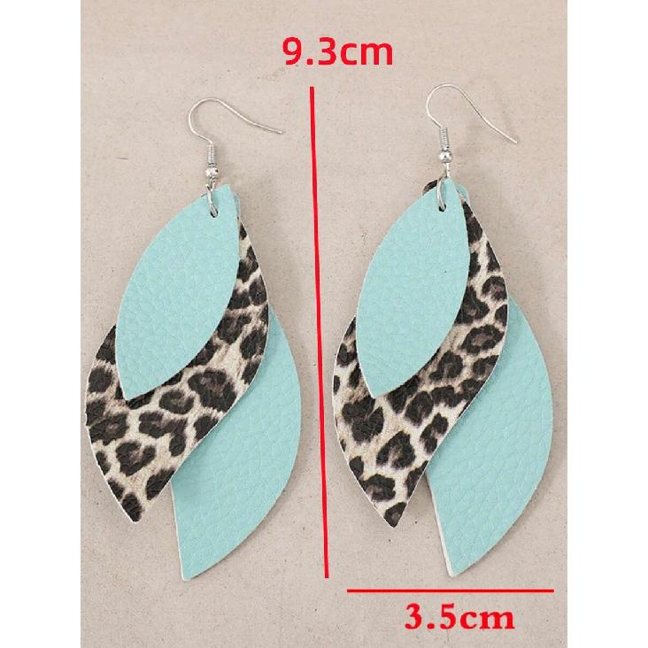 1 Pair Vintage Western Style Colorblock Mint Green Leopard Print Multi-Layer Leaf PU Leather S-Shaped Earrings