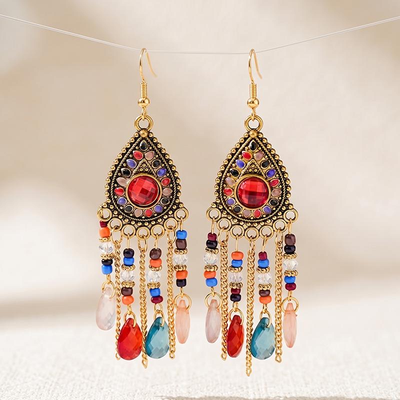 

Vintage Bohemian Rhinestone Water Drop Dangle Earrings for Women Retro Texture Bead Chain Tassel Charm Earrings Ethnic Jewelry разноцветный