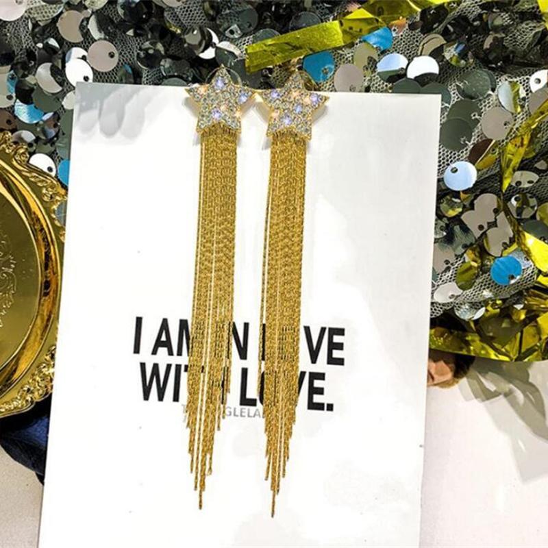Pentagram Tassel Earrings Full Of Diamonds Pentagram Earrings Long Earrings Simple And Versatile