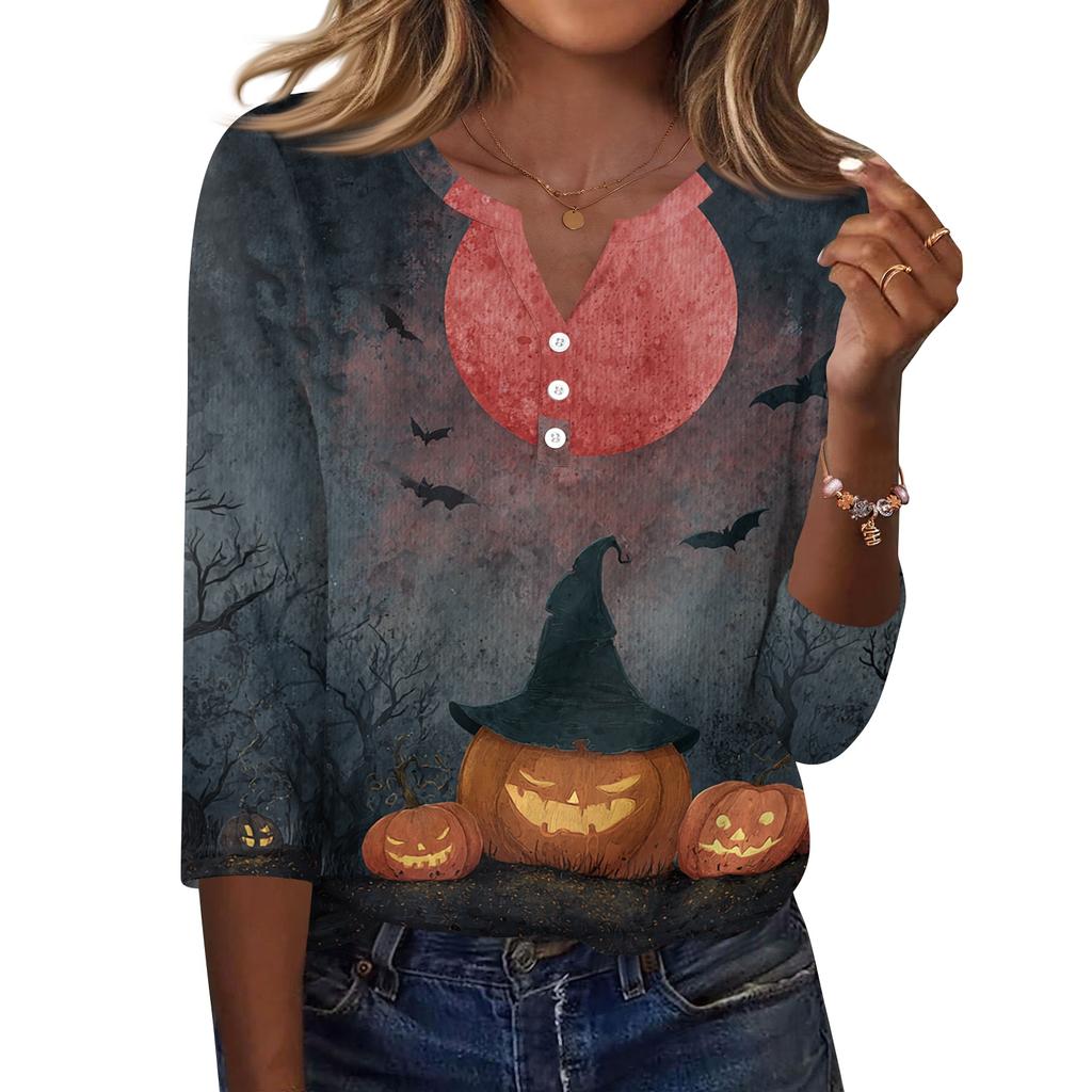 Women's Casual Halloween Print V Neck Button Front Three Quarter Sleeve T Shirt Top Lightweight Soft Fabric Comfortable Fit
