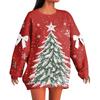 Ladies' Christmas Printed Bow Round Neck Long Sleeved Loose Pullover Sweater Sweatshirt Top