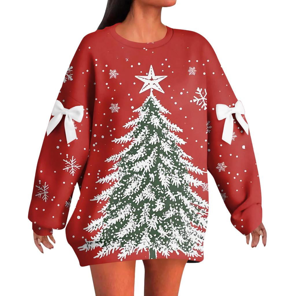 Ladies' Christmas Printed Bow Round Neck Long Sleeved Loose Pullover Sweater Sweatshirt Top