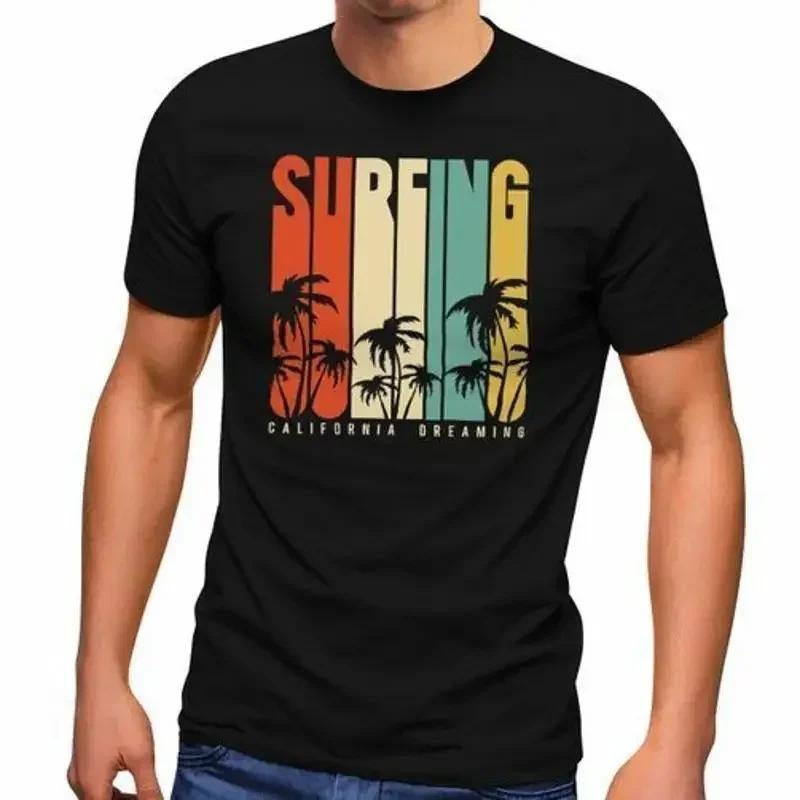 Unisexs Surfing Surfer Style Lettering California Dreams Palm Print TShirt