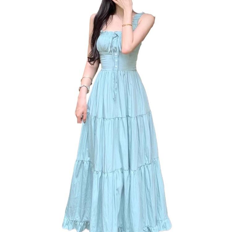 Large size women's clothing summer mint green high-end suspender dress fat mm thin vacation French coffee break dress