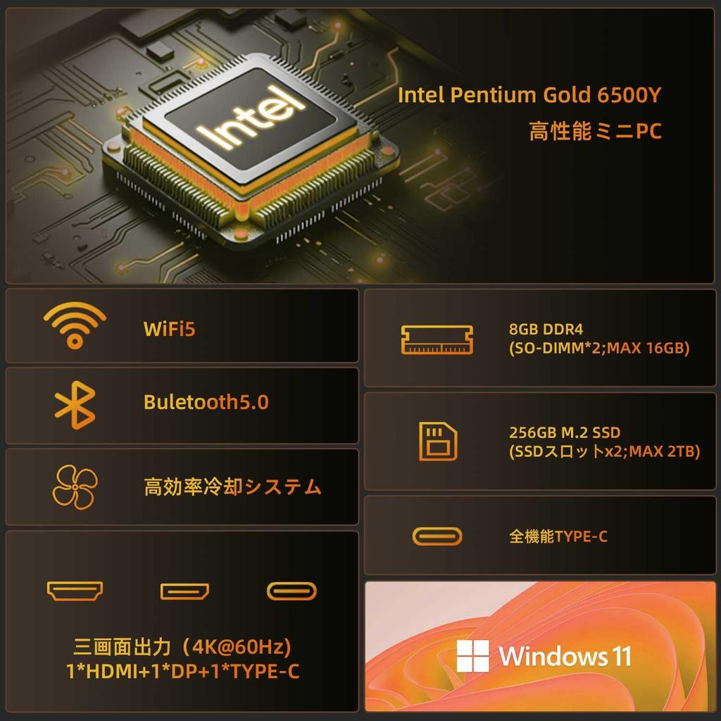 Mini PC with up to Intel 6500Y DDR4 WiFi LAN simultaneous low power fast heat quiet operation Pentium 6500Y 3.60GHz processor, 16GB+256GB storage,