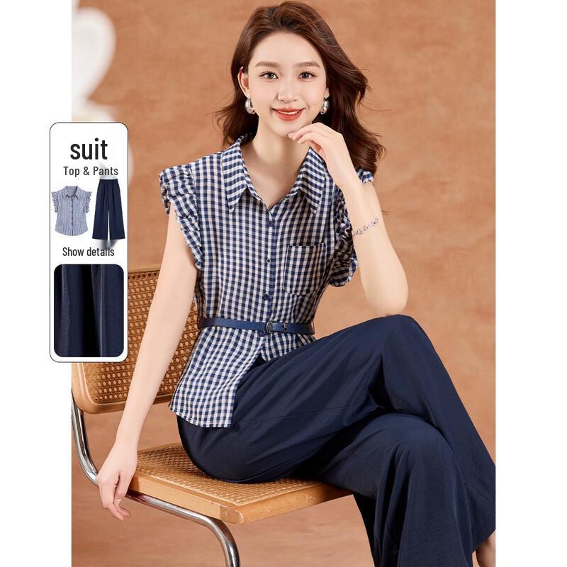 Women s Plaid Shirt & Wide-Leg Pants Two-Piece Set M
