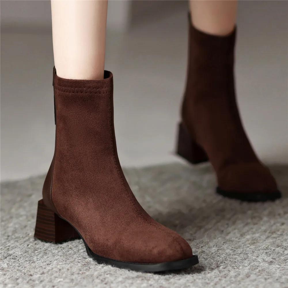 Fashion Women Thick Heels Ankle Boots Short Boot Fashion Shoes Women Ins Spring Autumn Zip Daily Office Lady Footwear Size 32-43 Brown