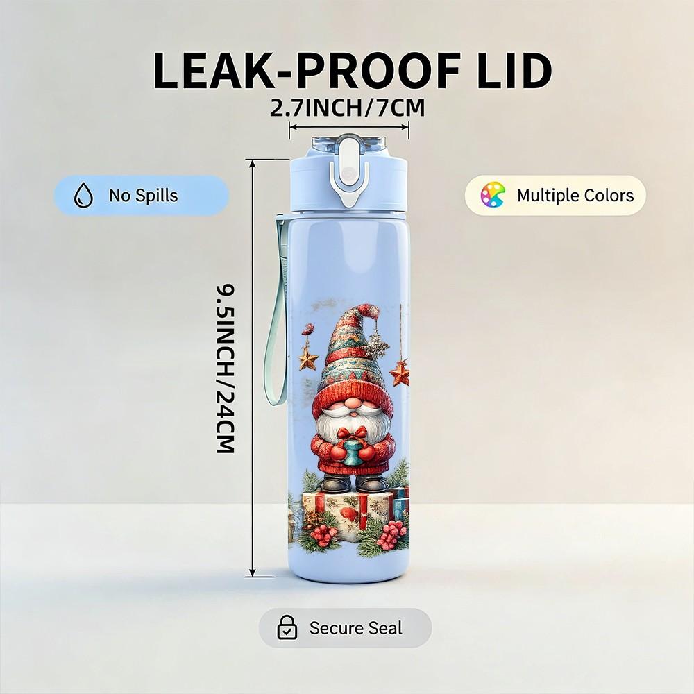 1PC Gnome Santa Christmas Set Print 750ml Color Plastic Sports Water Bottle Leakproof Flip Straw Lid Suitable for Sports Office Home Use