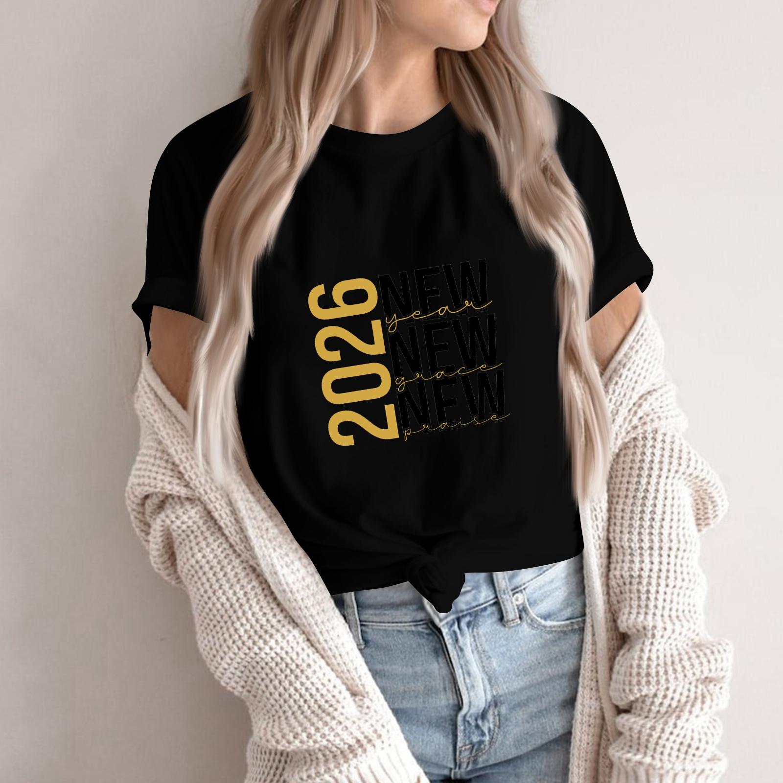 

Женская мода 2026 Новый год Принт Круглый вырез Короткий рукав Топ XXL чёрный