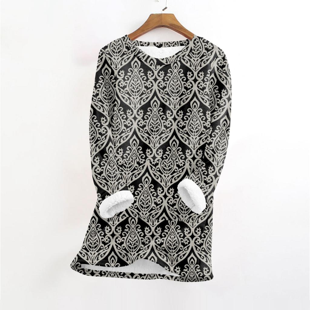 Women's Fashionable Printed Round Neck Long Sleeved Plush Warm Pullover Top
