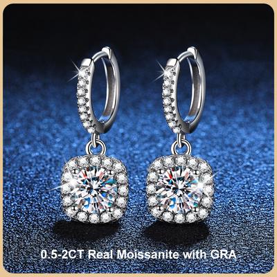 D Color 1 Carat Moissanite Diamond Drop Earrings Luxury Designer Square Women’s Wedding Fine Jewelry S925 Sterling Silver Earring