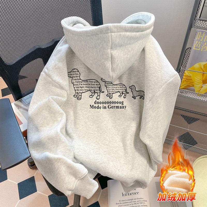 Autumn and Winter Retro Printing Heavy Hooded Sweater Men's Fleece Thickened Ruffian Handsome Loose Versatile Pullover Woman