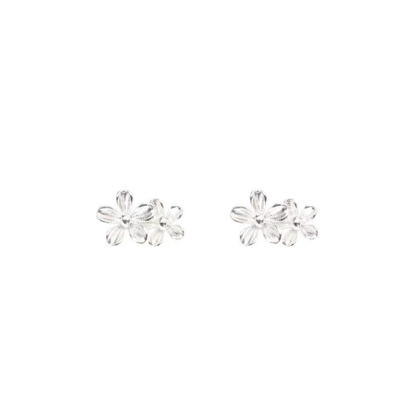 S999 Sterling Silver Double Layer Flower Stud Earrings - Exquisite Niche Design, Simple Pure Silver.