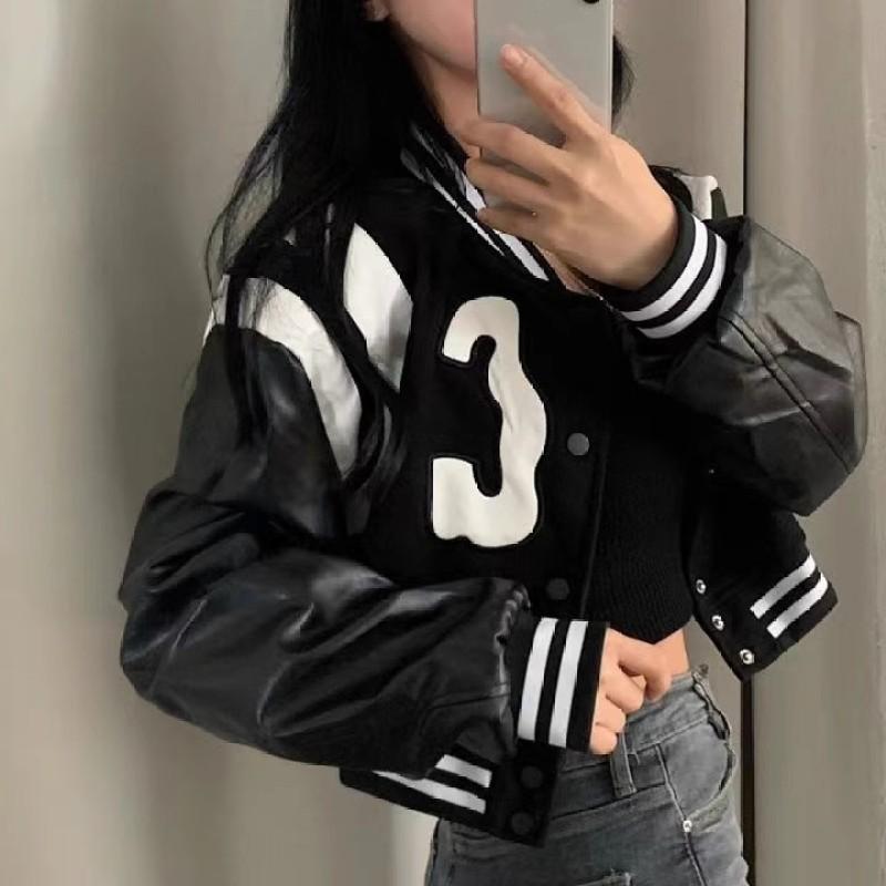 Autumn Cropped Bomber Jacket Women Vintage Korean Fashion Oversize Gothic Style Baseball Short Jackets Kpop Chic Streetwear