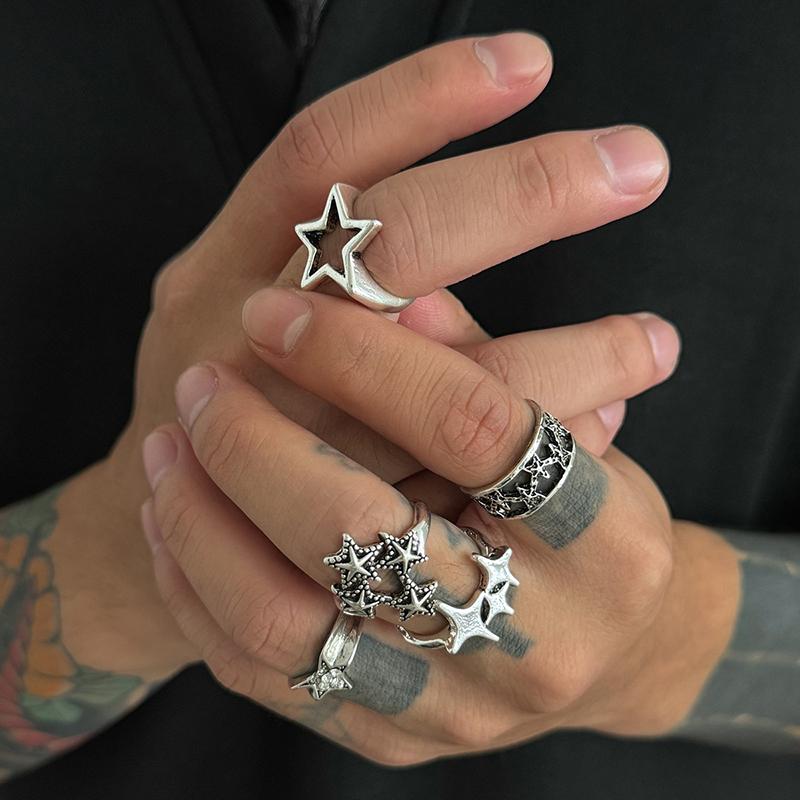5Pcs/Set Creative Personalized Stars Open Rings For Men Goth Adjustable Knuckle Ring Jewelry
