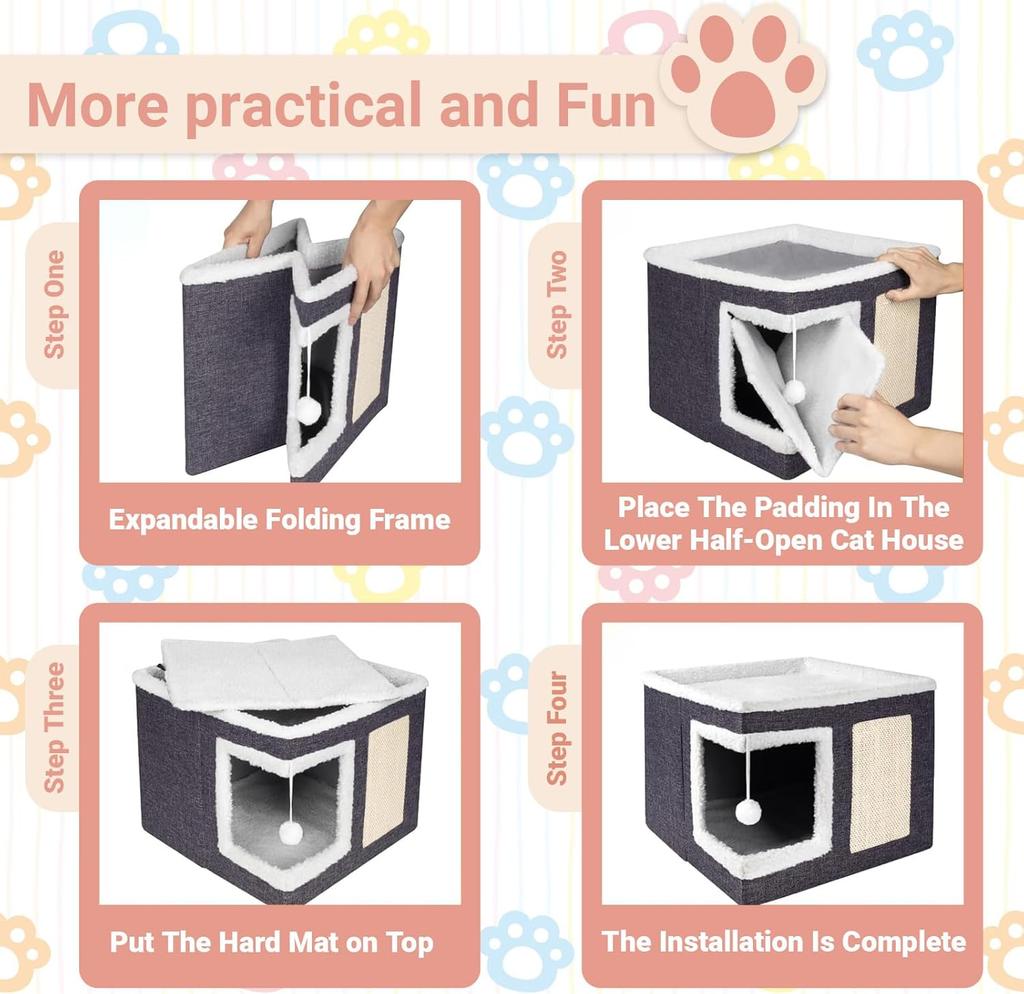 Foldable Cat Bed with Sisal Scratching Board & Tunnel, Indoor Outdoor Pet House with Removable Cushion