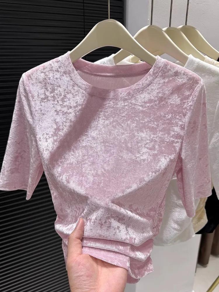 Women's Summer Ice Silk Mesh Short-Sleeve Slimming Top with Slightly Sheer Fit Round Neck Inner Layer Top