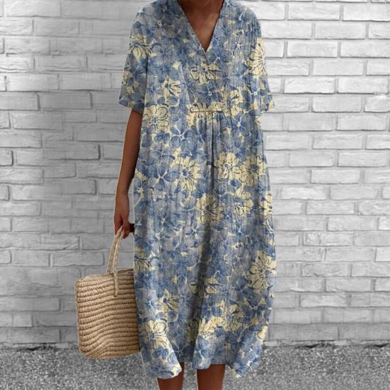 Abito Estivo a Maniche Corte con Scollo a V Abito Casual A-Line Stile Bohemien Abito Pullover per Festa Uso Quotidiano Vacanza