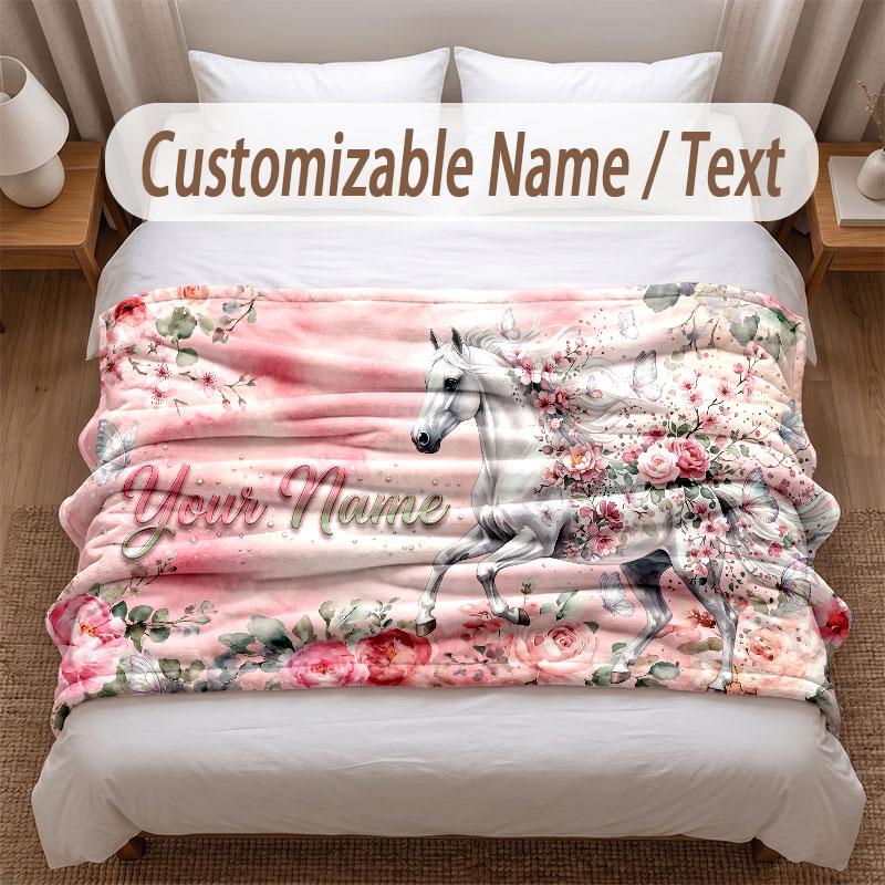 Horse Theme Soft Blanket Personalized Custom Name Text Print Warm Blanket Home Sofa Bedroom Decor