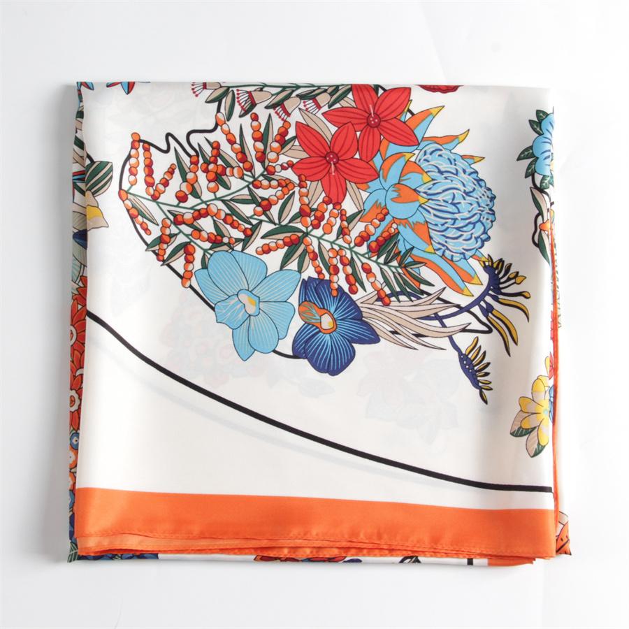 130Cm Silk Scarf Women Large Shawls Spain Flowers Print Stoles Square Bandana Luxury Kerchief Hijab Female Foulards