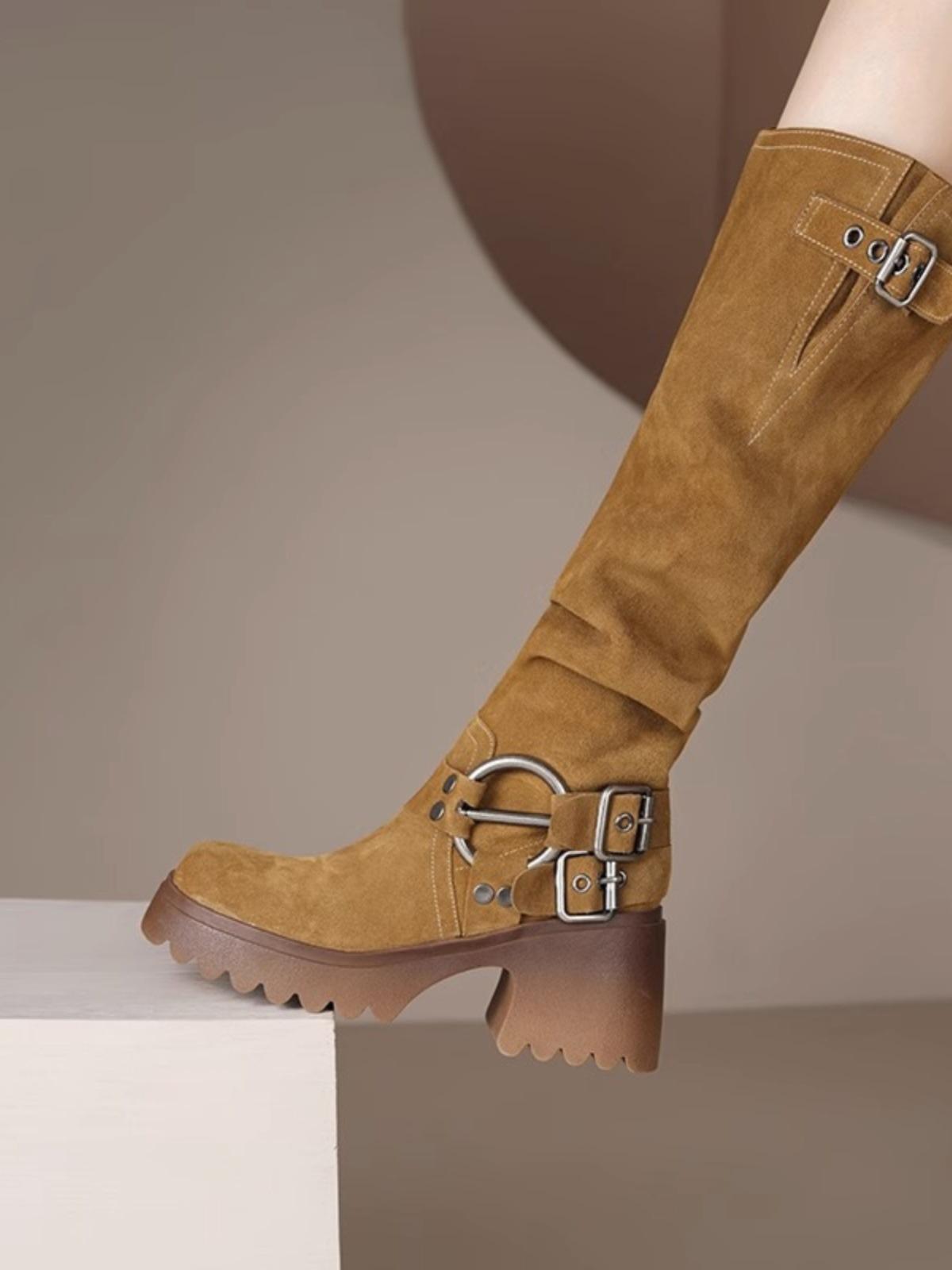 

2025 autumn and winter new thin matte thick-soled stacking boots square buckle with thick heel high boots knight boots women s boots 40 коричневий