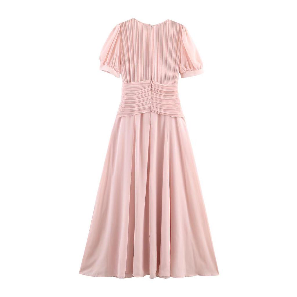 2026 Spring Women's European Style Pink Chiffon Long Dress with Short Sleeves