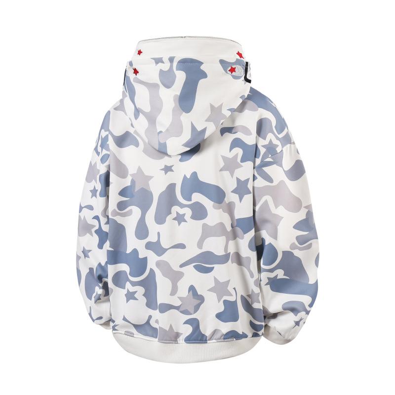 High Street Double Hat Camouflage Shark Zipper Sweater Men's and Women's Niche Design Sense Bf Wind Towel Embroidered Long-sleeved Hoodie