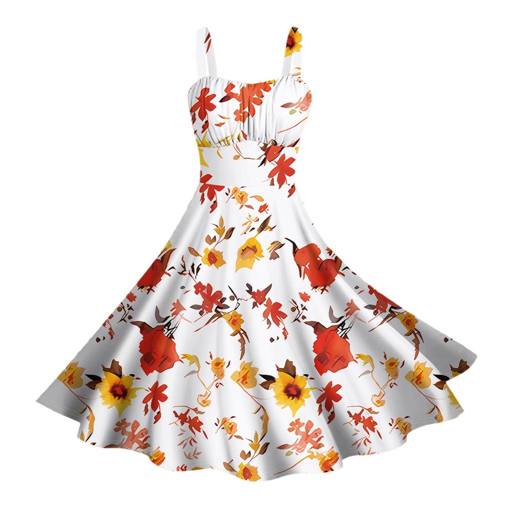 Damen Vintage Ärmellos Plissiert Patchwork Niedlich A-Linien Saum Blumendruck Kleider