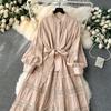 Luxury Party Dress for Women Long Lace Hollow Out Bandage Runway Patchwork Solid Lantern Sleeve Single Breasted Stand Dress