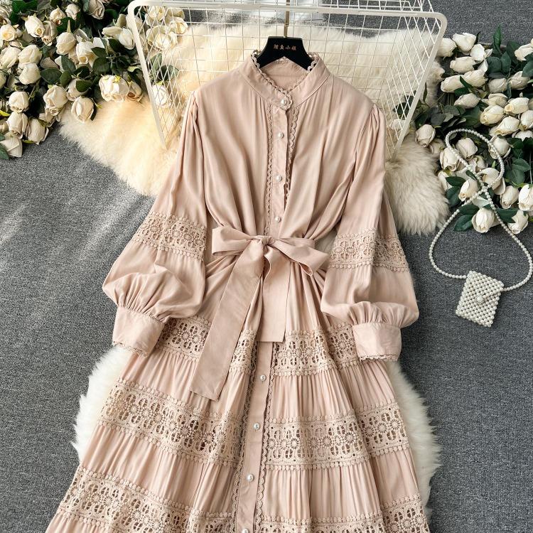Luxury Party Dress for Women Long Lace Hollow Out Bandage Runway Patchwork Solid Lantern Sleeve Single Breasted Stand Dress