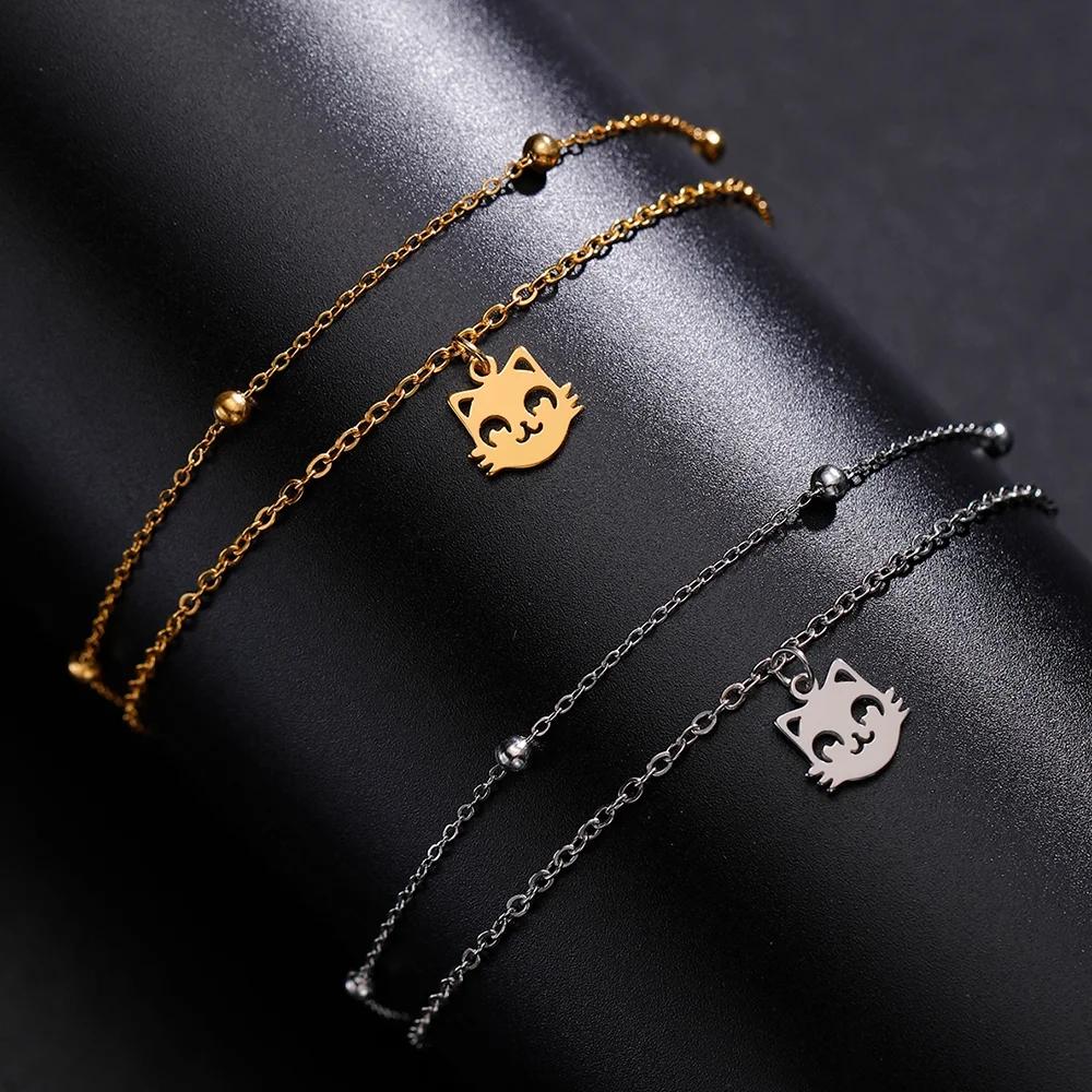 Cazador Stainless Steel Cute Cat Kitten Chain Foot Anklet Summer Beach Gold Color Bracelet on the leg for Women Jewelry Gift New