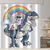 Funny Unicorn Riding Dinosaur Shower Curtain, Cute Cartoon Space Rainbow Galaxy Bathroom Decor, Waterproof Fabric For Kids