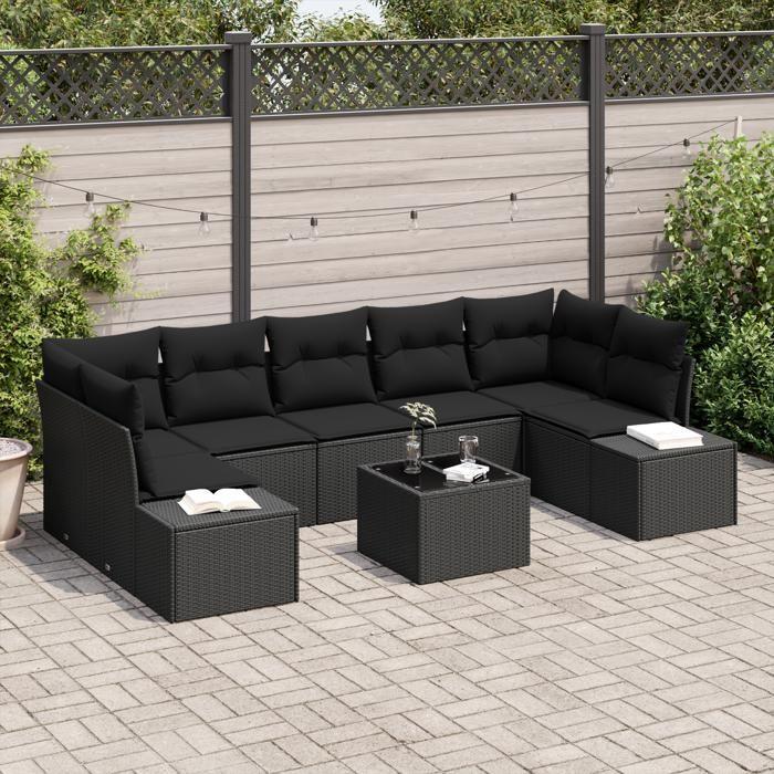 VidaXL Ensemble de canapé de jardin de 8 pièces avec coussins en poly rattan noir 3355652