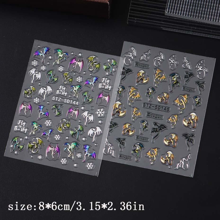 1/2pcs 5D Embossed Metallic Colorful Dragon Nail Stickers Snowflakes Self-Adhesive DIY Nail Decals Sliders Manicure Decorations