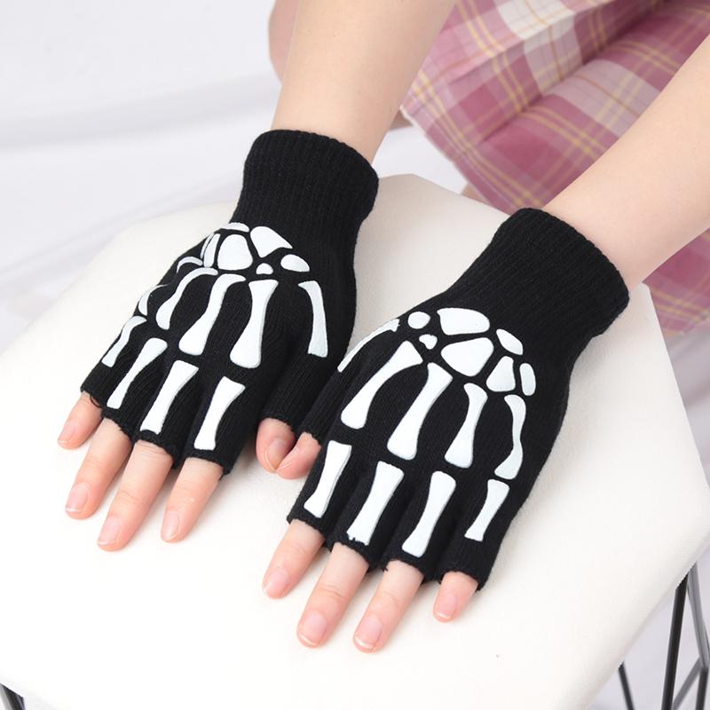 

Adult Halloween Skeleton Skull Half Finger Glow In The Dark Luminous Punk Gloves Women Winter Fingerless Knitted Black Mittens One Size