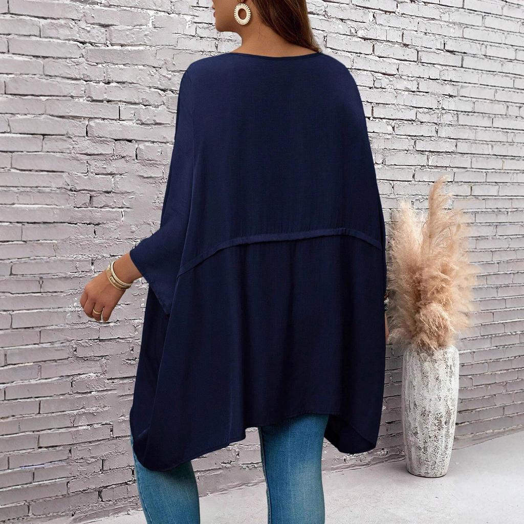 Women Plus Size Solid Color Asymmetric Hem Poncho Top Batwing Sleeve Loose Summer Blouse