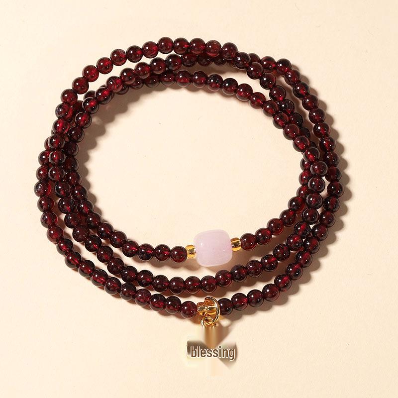 Exquisite Women's Garnet & Hetian Jade Three-Circle Lucky Bead Bracelet
