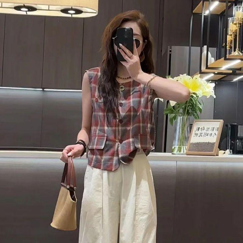 

2025 Summer Clothes Matching a Set of Gingham Waistcoat Shirt Loose Pants Two-piece Set Small Man Looks Tall Fashion Suit Tops XL(120-135)