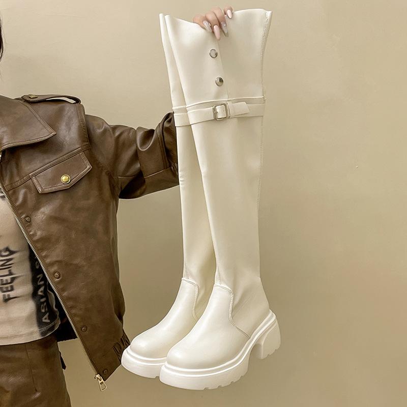

Женские кожаные ботфорты на толстом каблуке в стиле ретро, осенне-зимняя мода, универсальный дизайн два в одном, ремешок с пряжкой, модная толстая подошва 39 бежевый