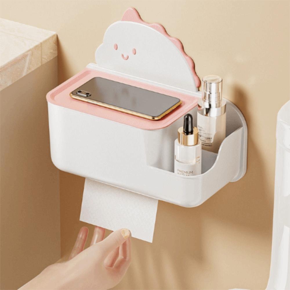 Carton Dinosaur Waterproof Toilet Tissue Box Rustproof Multi Function Storage Case Wall Mounted No Punching Paper Rack Home Use