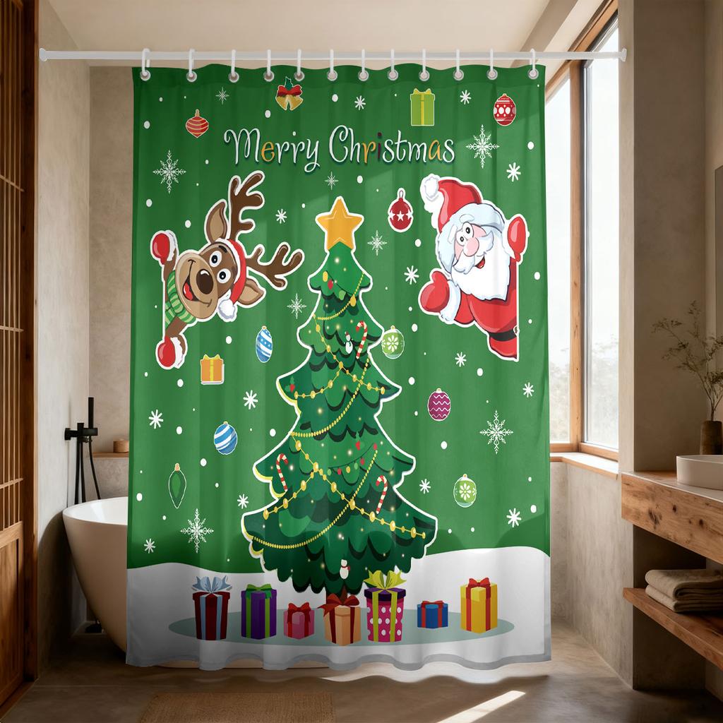 1pc Christmas Tree Cartoon Santa Claus Print Waterproof Shower Curtain Partition Privacy Hanging Curtain 12 Hooks Multiple Sizes