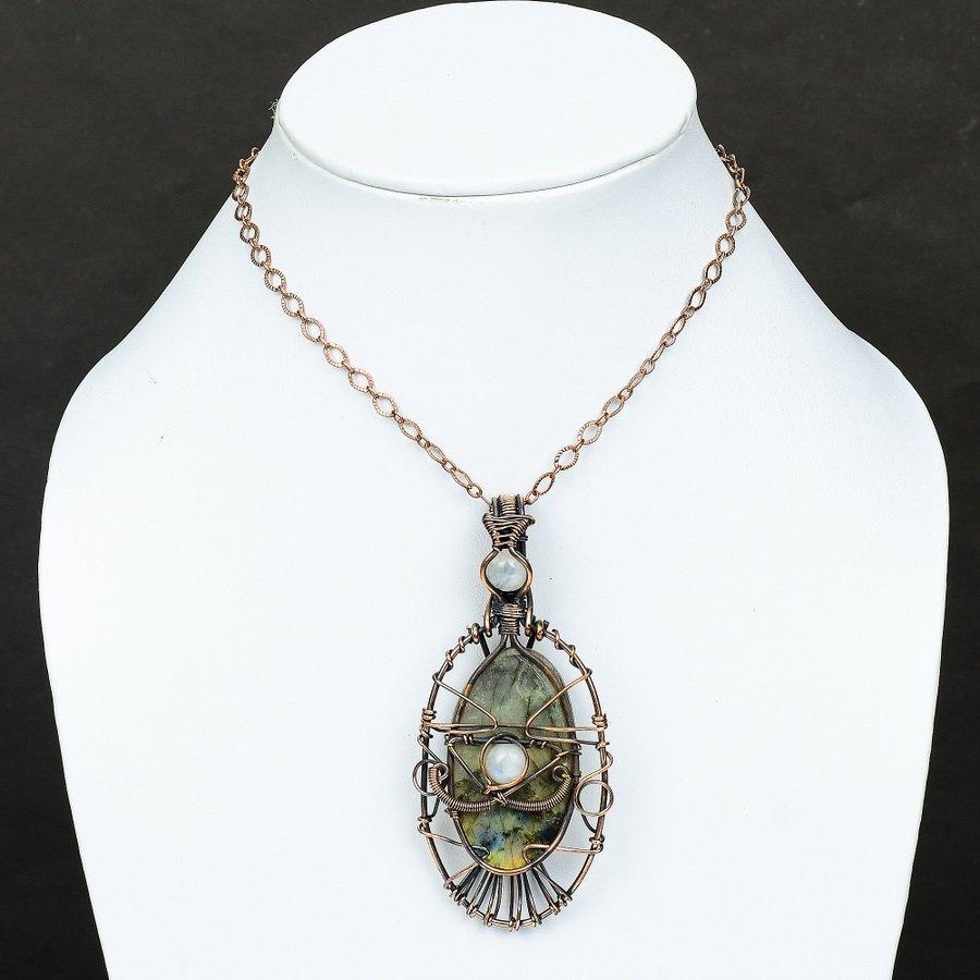 Labradorite, Moonstone Copper Wire Wrap Jewelry Pendant 2.44" l2R56