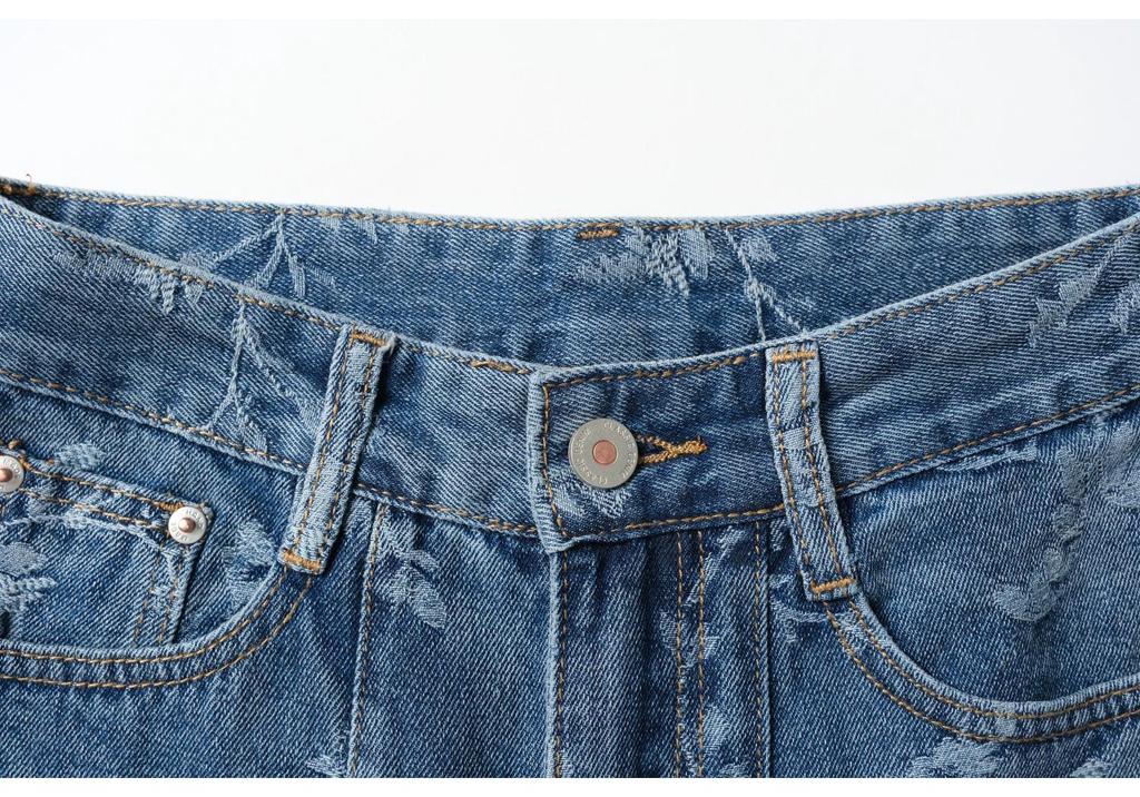 Pantaloni Larghi in Denim Jacquard Blu da Donna - Stile Retrò Designer a Lunghezza Pavimento