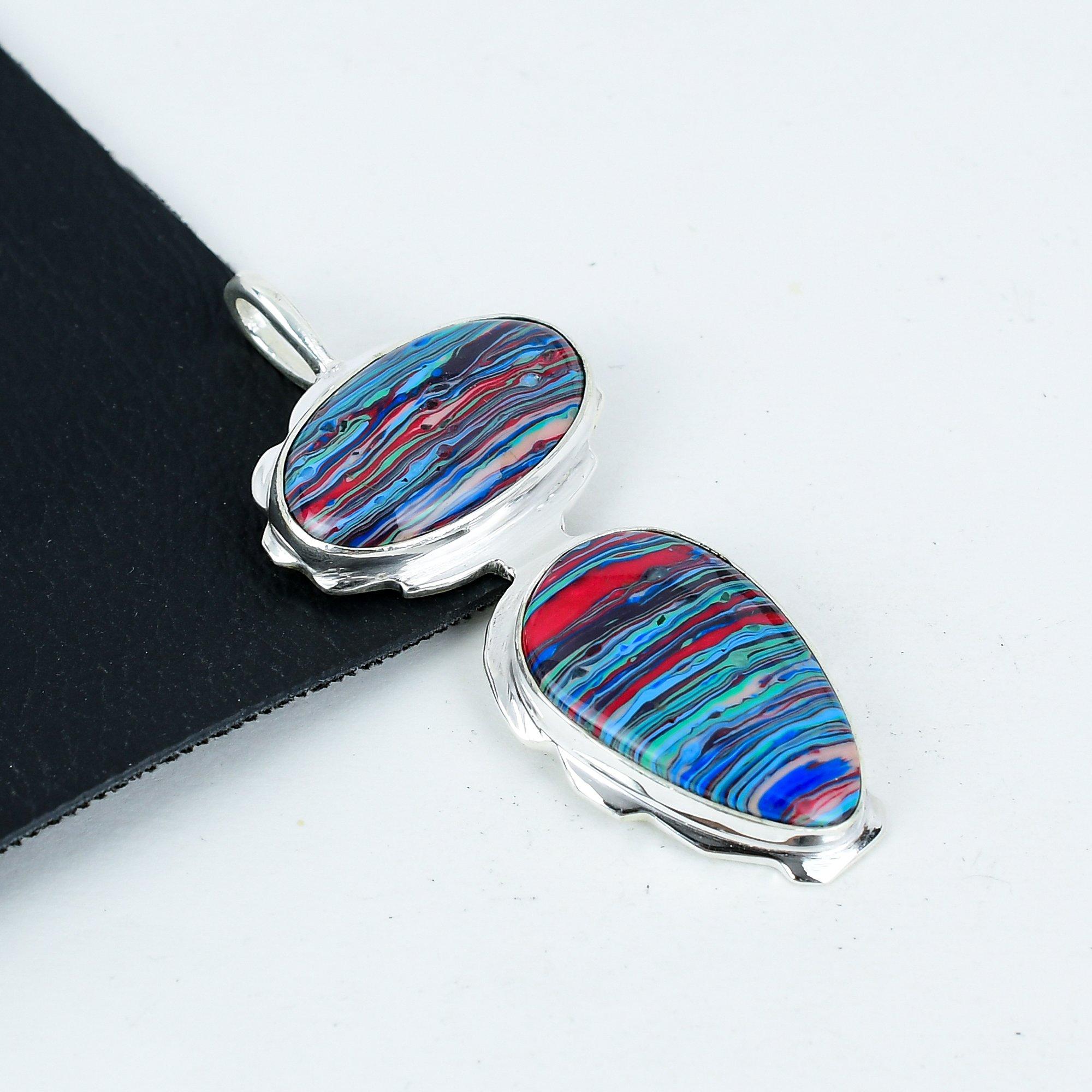 

Naturn Rainbow Calsilica Gemstone Silver Pendant in 925 Sterling Silver- Handmade Design, Everyday Wear Jewelry, Unique Pendant Wadding Gifts синий